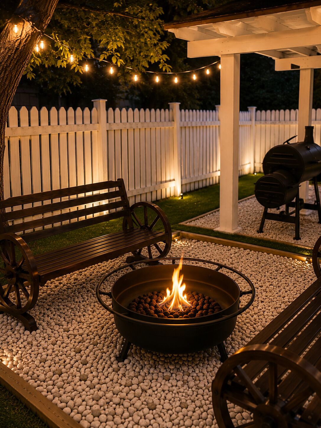 A patio area with a fire pit, benches, and a grill.