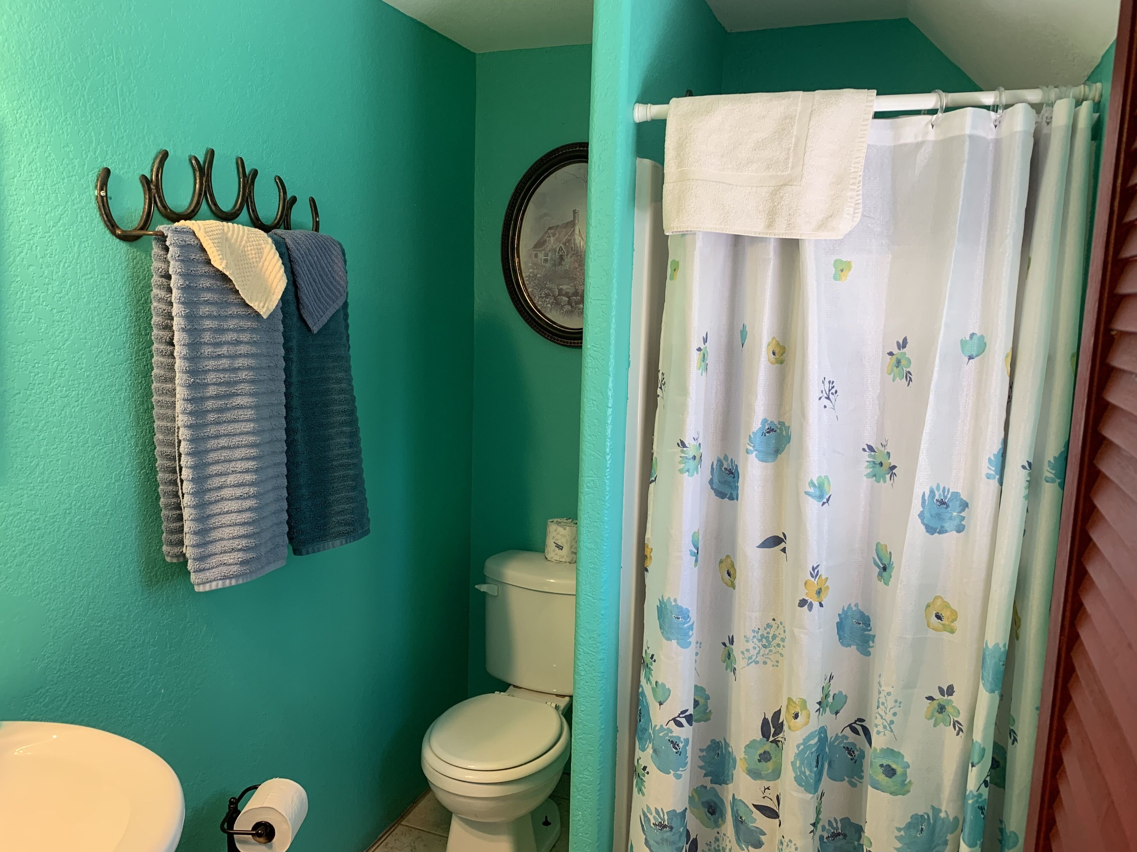 Een badkamer met toilet, wastafel en douchegordijn met bloemmotieven.
