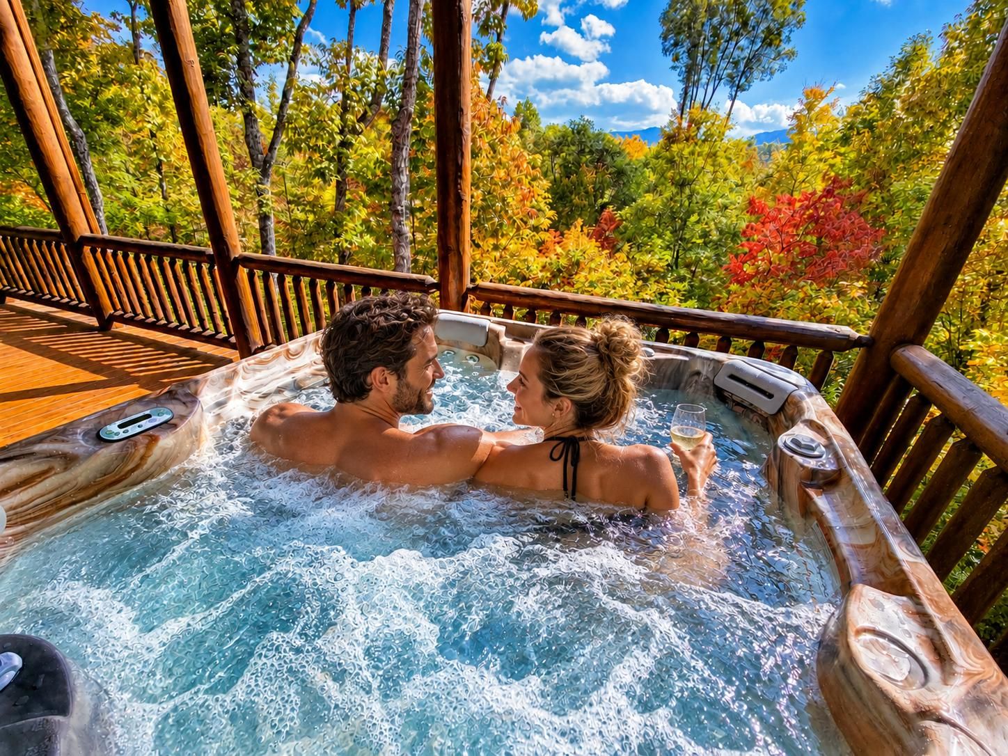 A hot tub with a wooden deck and a view of trees and mountains.