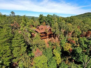 A cabin surrounded by dense forest, with a prominent chimney and a deck area.
