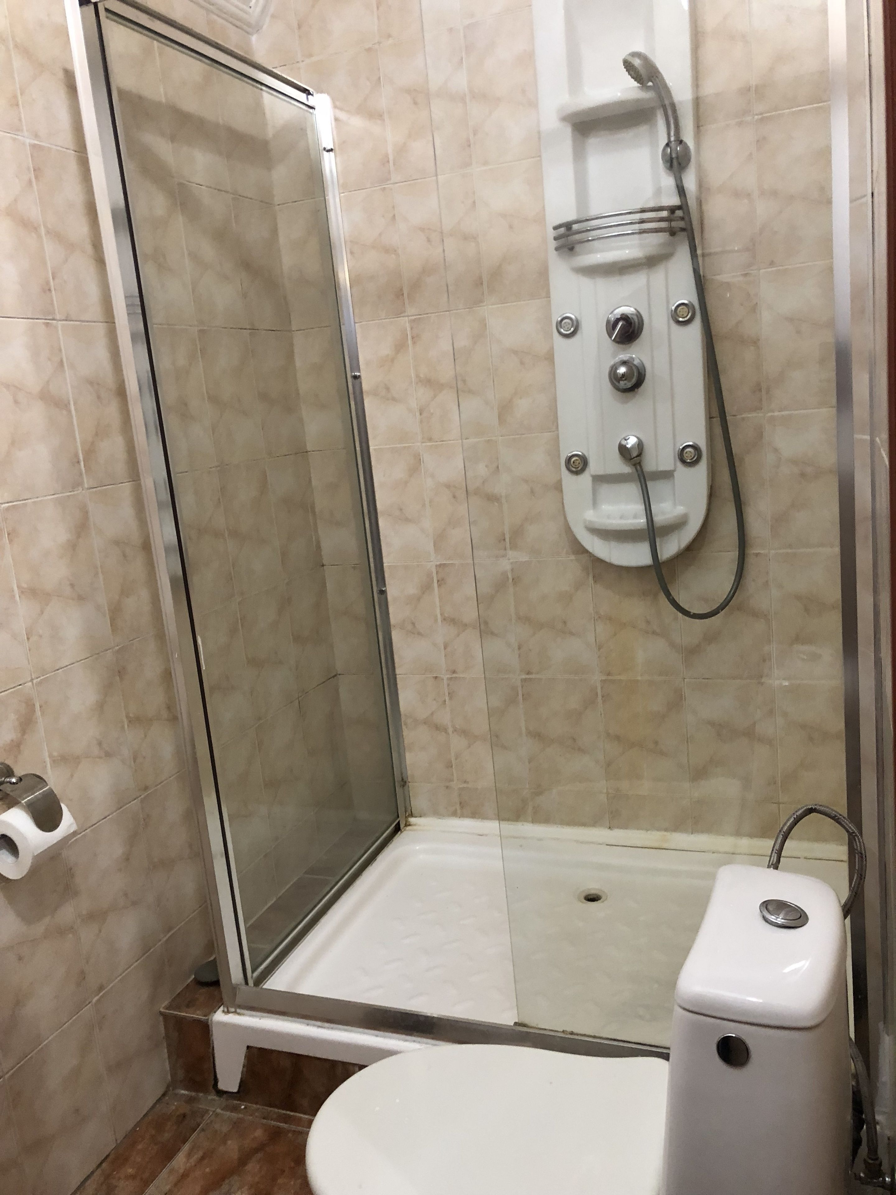 A bathroom with a glass-enclosed shower, a toilet, and a towel rack.