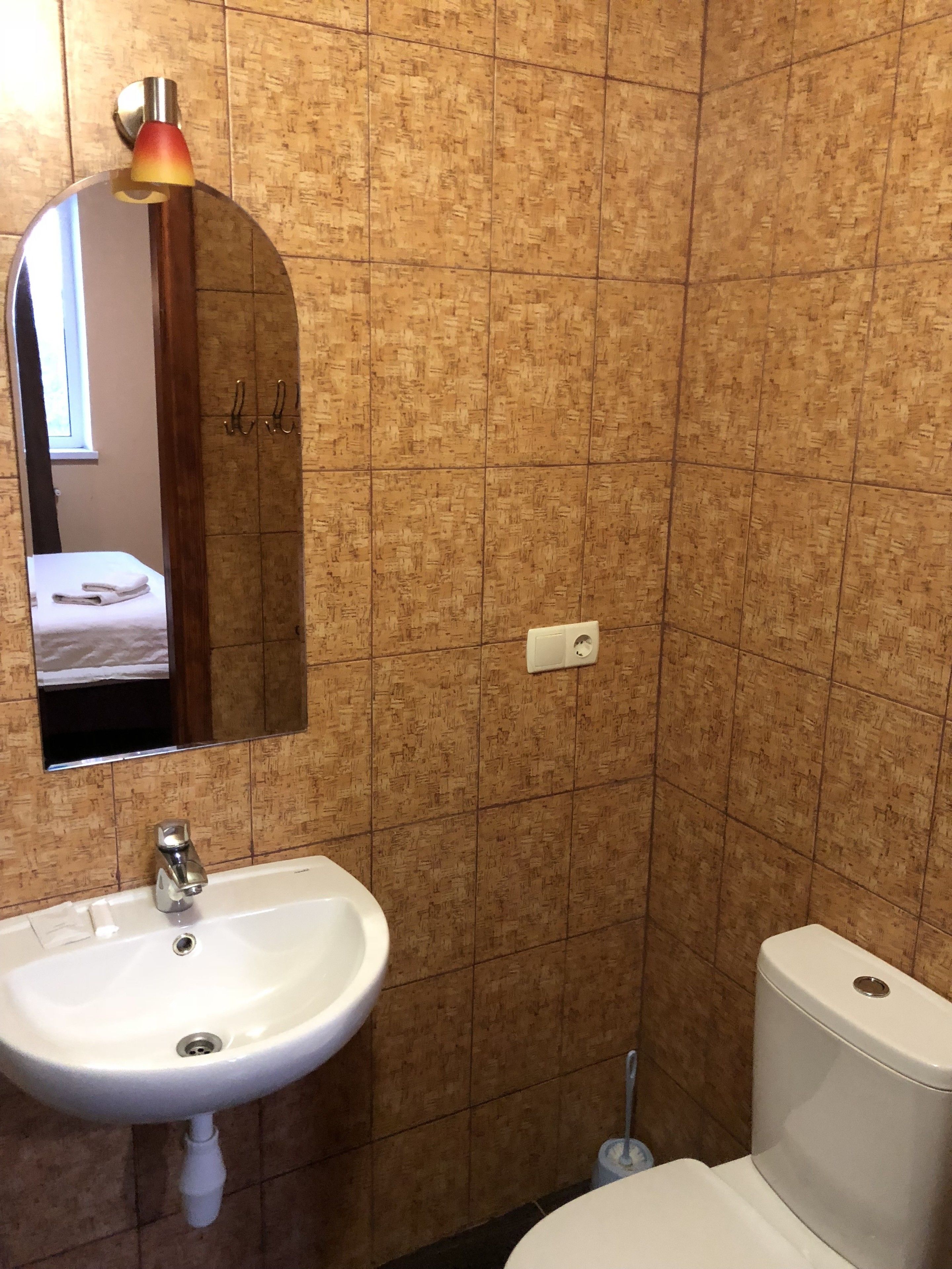 A bathroom with a white sink, a mirror, a toilet, and a towel rack.