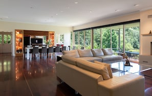 Télévision à écran plat, cheminée, livres, chaîne hi-fi