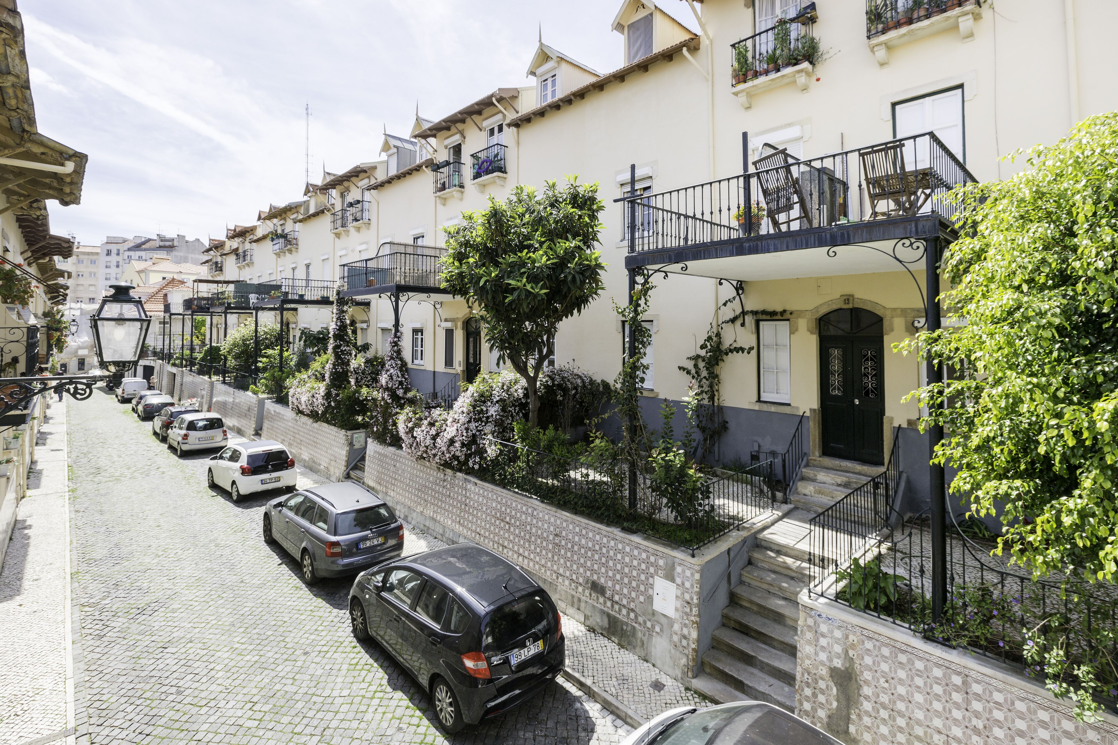 A row of townhouses with a cobblestone street, a black car parked in front, and a tree with white flowers.