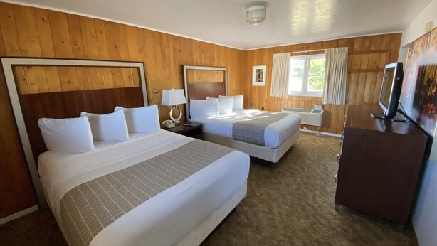A hotel room with two beds, wooden paneling, a TV, and a window with curtains. - Oasis Botique Motel (Raton)