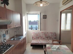 Kühlschrank, Mikrowelle, Herdplatte, Kochgeschirr/Geschirr/Besteck