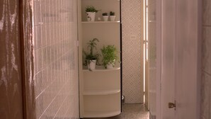 A hallway with tiled walls, a white door, and a white shelving unit with potted plants. - In the historic center of Ourense, it is ideal for families or groups  (Ourense)