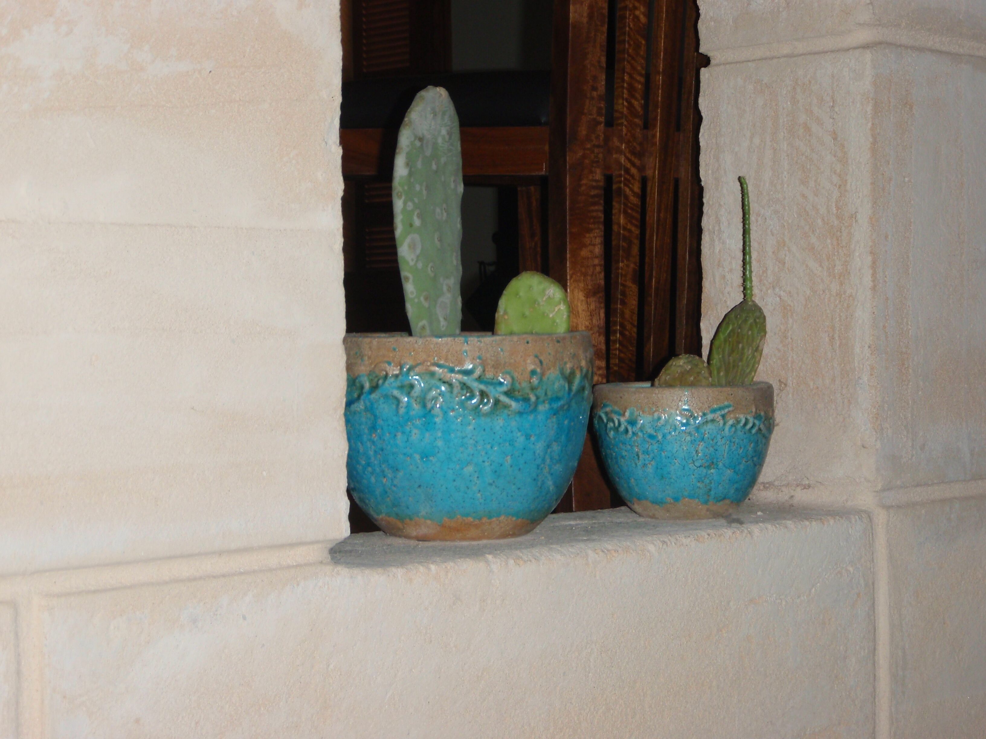 Two ceramic pots with cacti on a stone ledge.