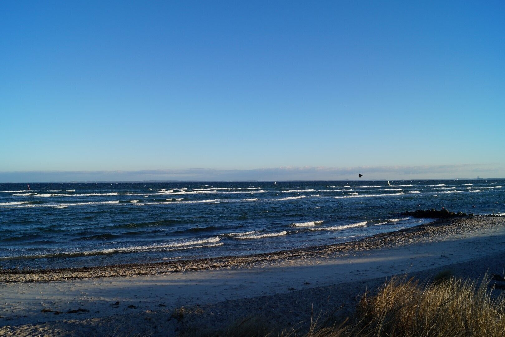 Une plage avec des vagues, un ciel dégagé et une terre lointaine à l’horizon.
