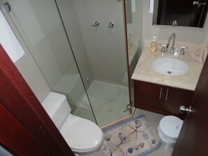Hair dryer, towels, toilet paper