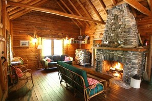 Fireplace, books, stereo