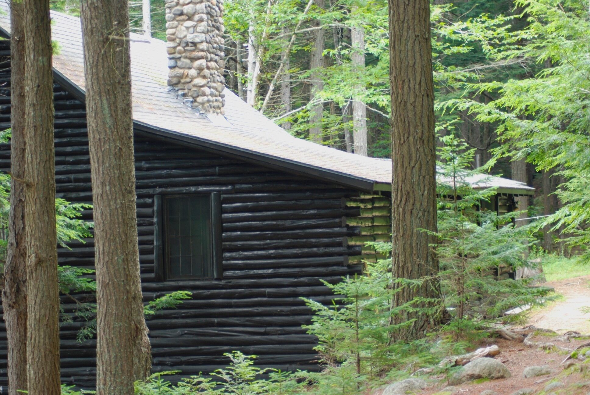 Eine Blockhütte mit einem Steinkamin, umgeben von dichtem Wald.