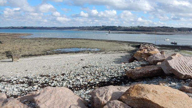 A rocky shoreline with a view of the sea and distant buildings. - Apartment with harbor and sea view in Perros Guirec (Perros-Guirec)