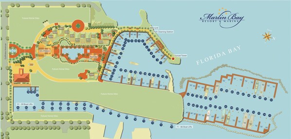 A marina layout with boat lifts, future home sites, a clubhouse, pool bar, BBQ grill, fish cleaning station, and sunset tower.