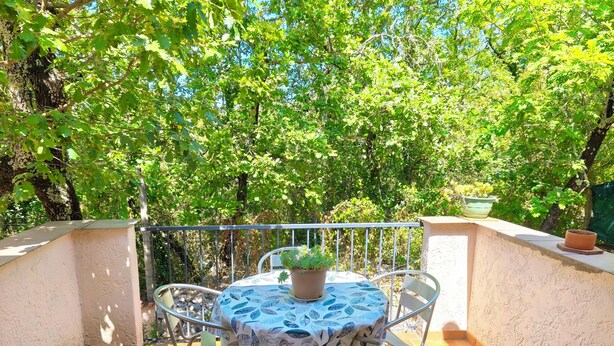 A balcony with a round table, metal chairs, and a potted plant.