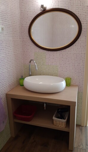 Hair dryer, towels, soap, toilet paper