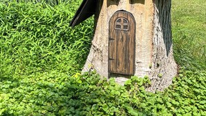 Una petita casa de fusta amb un sostre inclinat, una porta central i dues finestres, envoltada de vegetació abundant.