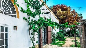 Un edificio blanco con un amplio ventanal, un pequeño jardín con un sendero de grava, y una estructura de madera a la derecha.