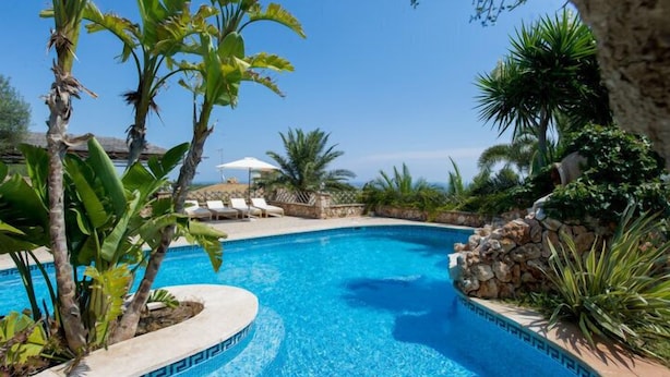A clear blue pool surrounded by tropical plants and a stone wall.