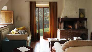 Smart TV, caminetto, lettore DVD, libri