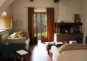 Smart TV, caminetto, lettore DVD, libri