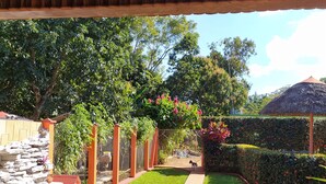 A well-maintained garden with a swimming pool, a paved walkway, and various plants. - Casa Leyani y Osvedy (Viñales)