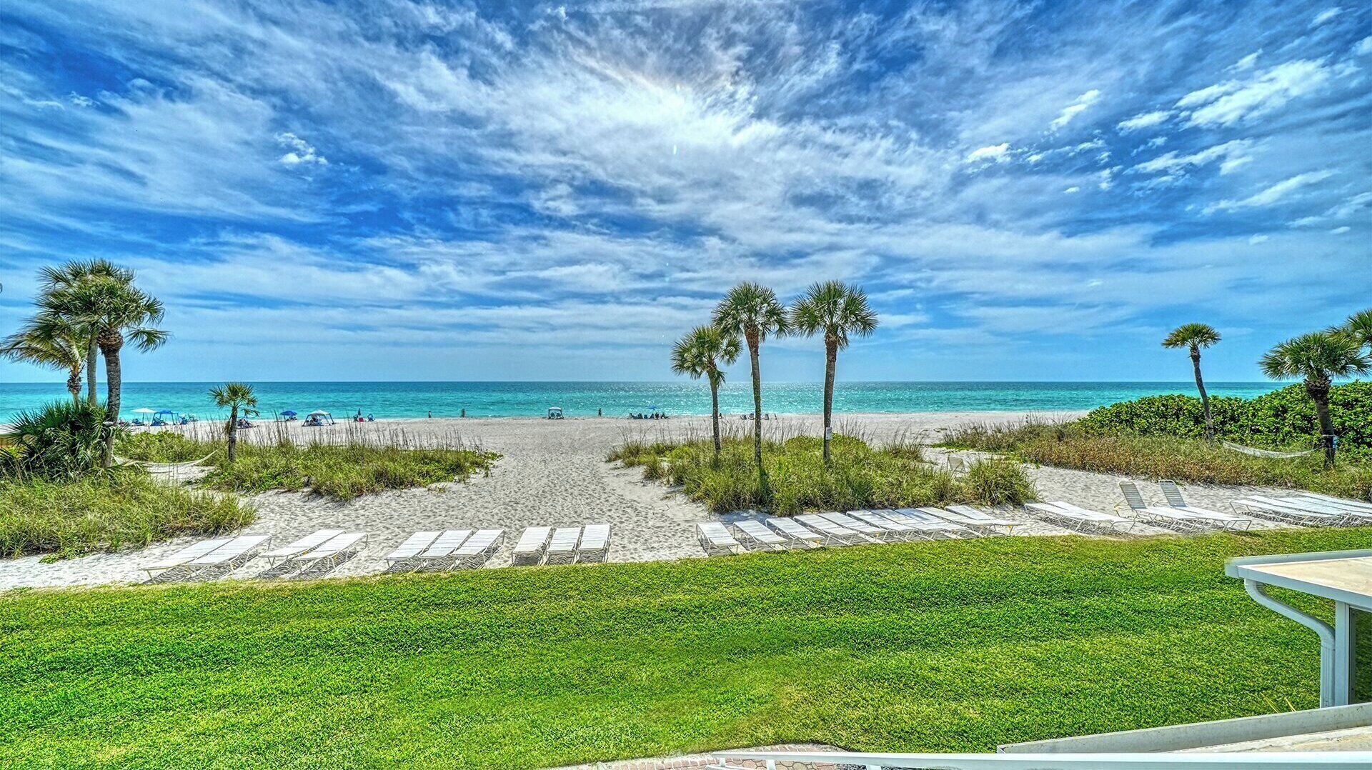 A beach with palm trees, lounge chairs, and a clear sky.