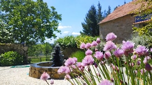 A garden with flowering plants and a fountain. - Stunning Barn Conversion located in the heart of the Galician countryside (A Coruna)