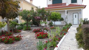 A courtyard with a stone pathway, surrounded by various flowering plants and trees. - Villa for rent in Nazaré Portugal (Nazaré)