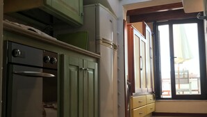 Une cuisine avec des meubles de couleur verte, un four encastré et un réfrigérateur. Une lucarne se trouve au-dessus de l’évier, et une porte donne accès à un espace extérieur.