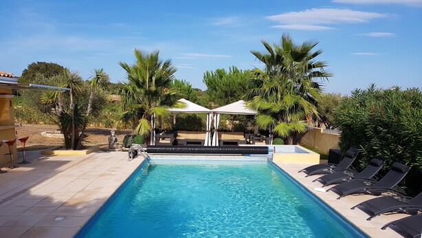 A rectangular swimming pool with clear blue water, surrounded by lounge chairs and a covered seating area.