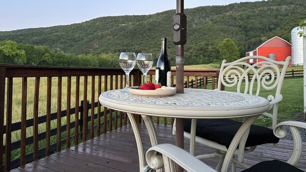 Une table ronde d’extérieur, surmontée d’un parasol blanc, avec deux verres à vin, une bouteille et des fruits, est placée sur une terrasse en bois offrant une vue sur une grange rouge et des collines verdoyantes.