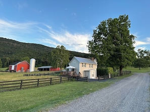 Paesaggio rurale con una strada sterrata, un fienile rosso, un silo bianco e una casa con portico.
