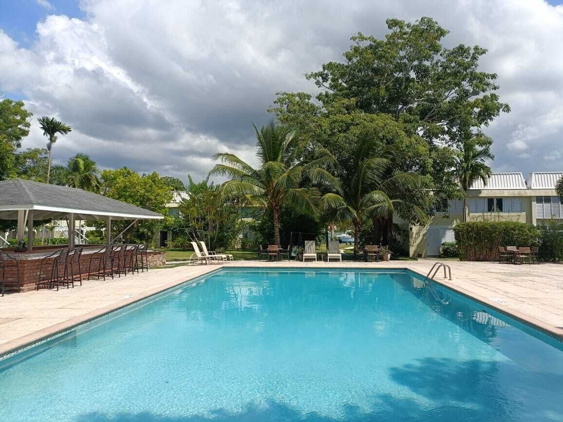 A swimming pool with lounge chairs, a covered seating area, and palm trees.