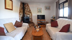 Una televisión, una chimenea, un reproductor de DVD