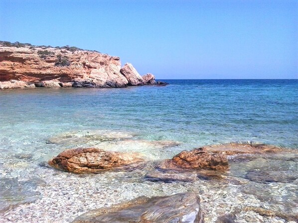 Experience the tranquility of a natural shoreline with clear waters revealing a rocky seabed.