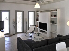 Een televisie, een open haard, een dvd-speler en boeken