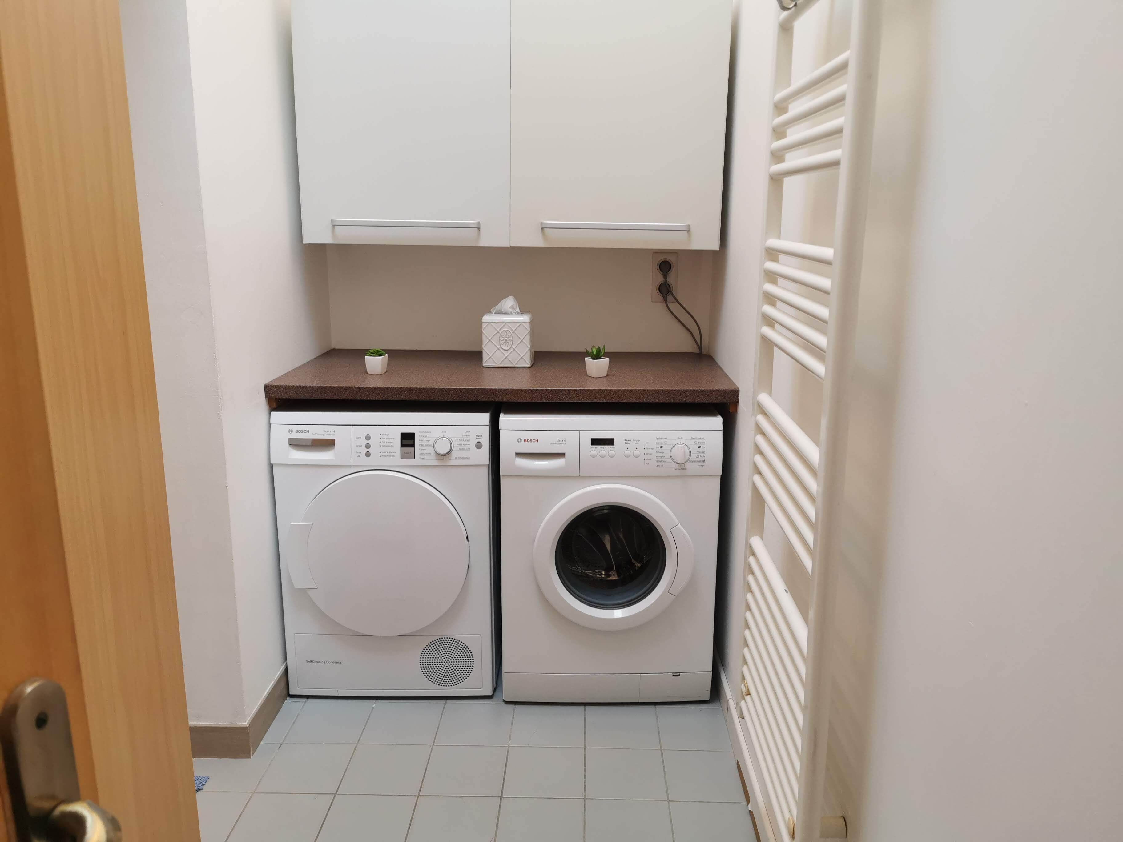 A compact laundry area with two Bosch washing machines, a countertop with a tissue box and a small plant, and a white radiator.