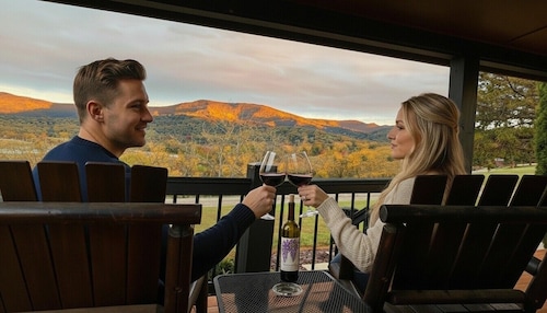 Romanttiset parit pakenevat kauniilta vuoristomaisemilta, porealtaalta, järven lähellä Luray  