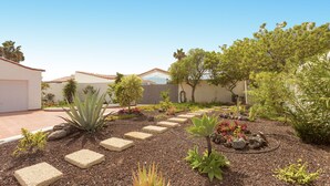 A garden with stepping stones, various plants, and a clear sky.