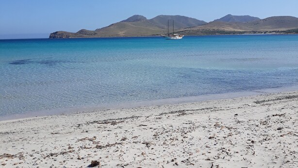 A beach with clear blue water, a boat, and distant mountains. - Apartment/ flat - Teulada (Teulada)