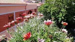 A building with a red facade and arched windows, surrounded by lush greenery and flowering plants. - Apartment/ flat - Teulada (Teulada)