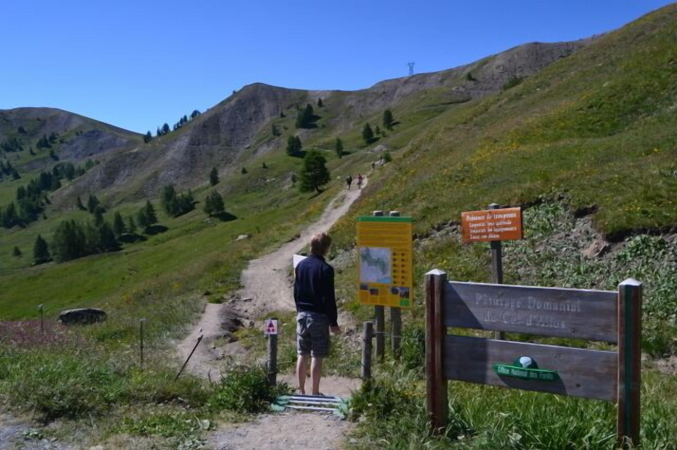 A hiking trail with a sign indicating a mountain peak.