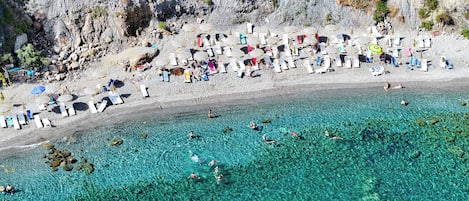 On the beach, sun-loungers, beach towels