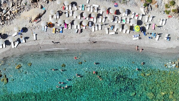 On the beach, sun loungers, beach towels