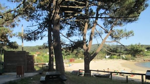 Ein Picknickplatz mit einer Bank, einer kleinen Holzkonstruktion und einem Strand im Hintergrund.