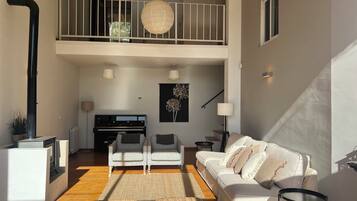 Een smart-tv, een open haard, een dvd-speler en boeken