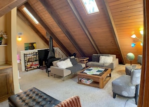 TV connectée, cheminée, lecteur de DVD, livres