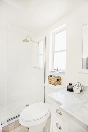 Bathtub, hair dryer, towels, soap