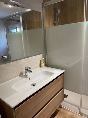 Tina, secadora de cabello, toallas, papel de baño 